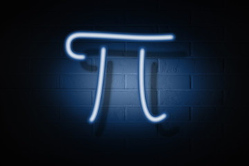 Neon signboard in the form of the sign Pi on the background of a brick wall. Horizontal orientation.