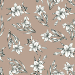 Pencil lily pattern. Seamless pattern with hand drawn lily flowers on beige background. Endless Floral pattern. Autumn flowers background. 