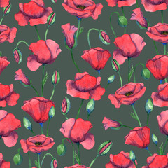 Watercolor poppy pattern. Seamless pattern with hand drawn poppy flowers on green background. Floral background. Spring backdrop. Wildflowers pattern.