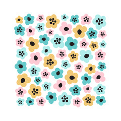Cute childish background with primitive naive art spring flowers in scandinavian minimal style
