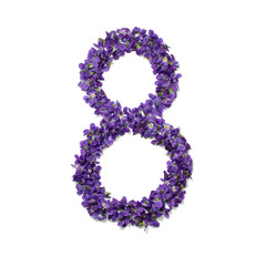 Womens day card. 8 march greeting card. Number eight shape violet flowers isolated on white background. Template for greeting card, web design