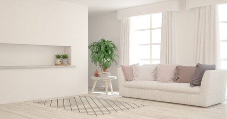 Stylish room in white color with sofa. Scandinavian interior design. 3D illustration