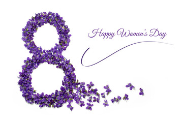 Womens day card. 8 march greeting card. Number eight shape violet flowers isolated on white background