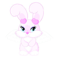 Cute little pink bunny girl with angel wings. Children's character. Fluffy pet for valentine's day.