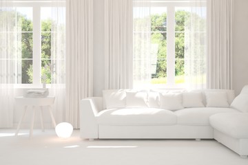 Mock up of stylish room in white color with sofa and green landscape in window. Scandinavian interior design. 3D illustration