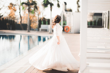 Fototapeta premium Beautiful luxury bride in elegant white dress