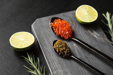 chic expensive red caviar, pike caviar and black caviar for a snack