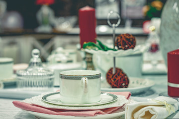 Plate and tea cup on served table in room. Front view top.
