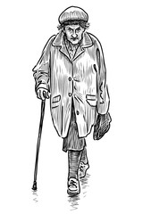 Sketch of old townswoman with stick and bag walking along city street