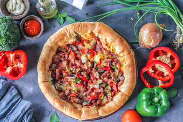 Photo of pizza on the table with ingredients around. Tasty pizza on the wooden background. Flat lay with top view. Italian pizza. Delicious pizza. Image