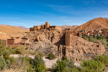 Morocco, Dades Valley, the ruin of a kasbah dominates the village of Imzzoudar,