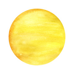 Abstract circle paint background yellow color isolated on white. Round watercolor gradiented fill on paper texture. Painted label background patc. Hand drawn Big red circle. Big full moon or sun