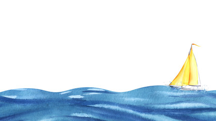 A small yellow sailboat on blue waves. Big ocean and tiny boat. Boat at sea. Hand drawn watercolor illustration.Boat at sea. bottom border. Hand drawn watercolor illustration - 311928758