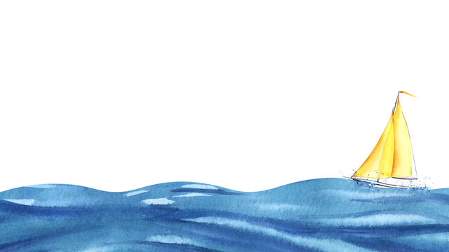 A small yellow sailboat on blue waves. Big ocean and tiny boat. Boat at sea. Hand drawn watercolor illustration.Boat at sea. bottom border. Hand drawn watercolor illustration