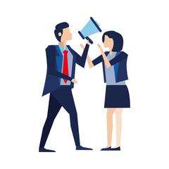 elegant business couple workers with megaphone