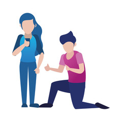 young couple using smartphone avatars characters