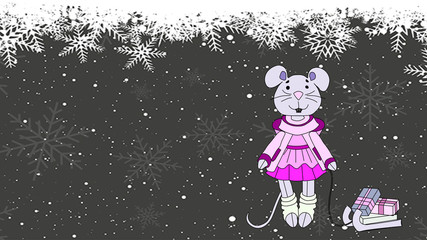 festive bright and colorful mouse, with a set of gifts and in a colorful suit.