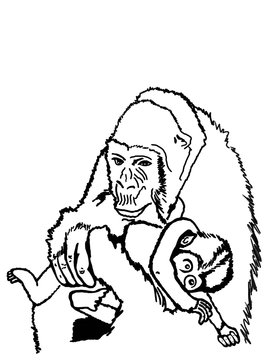 Coloring page "Monkey with a monkey baby" on a white background, raster illustration Monkeys, coloring for children, Coloring page "Monkey with a baby", care and protection of the baby monkey