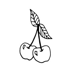 Single hand drawn cherry for greeting cards, posters, recipe, culinary design. Isolated on white background. Doodle vector illustration.