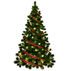 Christmas tree with a bow wrapped around To celebrate at Christmas, white background.