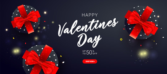 Valentines day vector concept card with surprise gift boxes and ribbon bow on dark background