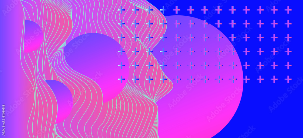 Poster Abstract geometric background with circles floating in waves. Vaporwave and Synthwave 80s neon vibes.