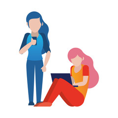 women using smartphone and laptop avatars characters