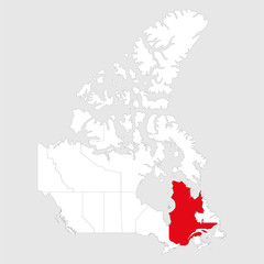Quebec province marked red on canada map. Gray background. Canadian political map.
