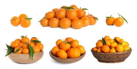 Set of fresh juicy tangerines on white background