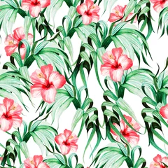 Badezimmer Foto Rückwand Beautiful watercolor seamless pattern with tropical leaves and hibiscus flowers.  © knopazyzy