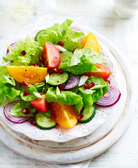 Healthy salad with various tomatoes, pomegranate seeds, lettuce, cucumber and red onion. White wooden background. 