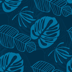 Fototapeta na wymiar Tropical pattern with white leaves of monstera, banana and palm trees on a blue background. Exotic seamless pattern.