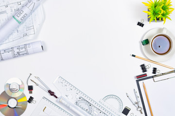 Architectural plans, pencil and ruler on the table. Place for your text