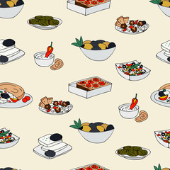 Traditional Greece food seamless. Hand drawn vector national meals pattern. Background with outline drawn food for restaurant and cafe.