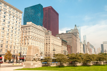 View of Chicago Downtown Skyline with Skyscrapers, urban scene, USA