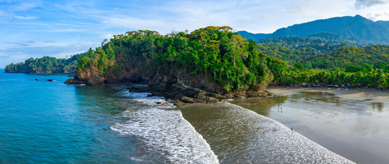 Aerial drone view of a tropical paradise beach. Playa Ventanas in Costa Rica