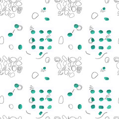 Seamless pattern with doodles, dots and watercolor circles. Black lines on a white background, green spots, isolated, elementary, simple, childish. For decoration, textiles.