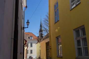 April 19, 2018, Tallinn, Estonia. Passers-by on the street of the Old city in Tallinn.