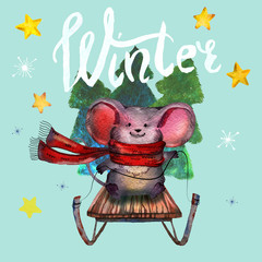 Cute mouse with sleds. watercolor mouse in a red scarf. watercolor Christmas tree and stars. lettering the words winter. snow fun, winter, New Year's content. yellow stars. wooden sleds with rusty