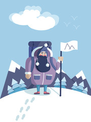 Mountain climber, strong big man with beard and hat. Childish vector illustration. Blue sky background.