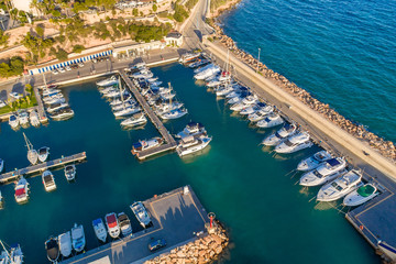 Aerial view of the bay with yachts Cabo Roch Alicante Spain