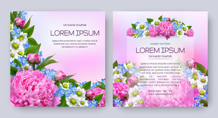 Fototapeta na wymiar Floral vector card set with flowers of realistic pink peony, buds and forget-me-not. Romantic templates for wedding invitation, greeting card, cosmetic products, packages and other design elements