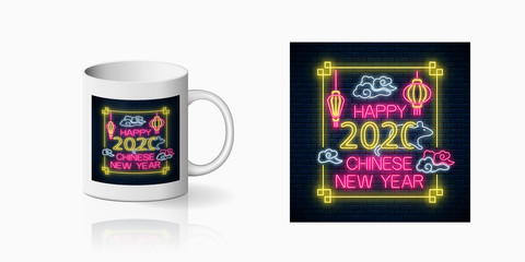 Neon Chinese New 2020 Year sign print for cup design. Asian New 2020 Year design, banner in neon style