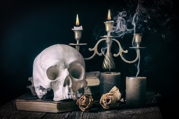 Skull, burning candles, a book and two dry roses on a  dark background.  Occult, esoteric, magic concept
