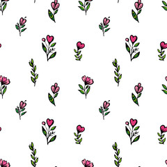 Graphic image, seamless pattern with twigs and flowers in the shape of hearts. Black outline, on a white background, cute, childish, simple, funny. For textiles, decor.
