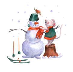 Watercolor illustration of a cute little mouse on a stump, a snowman, a bird and skis . It's snowing and they are happy and joyful. White background. 