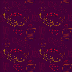 Valentine's Day - seamless pattern with the inscription - with love. Vector background - attributes of Valentine's day - love letters, romantic candles, hearts, lips and glasses with champagne on a bu