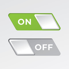On and Off Parallelogram Shape Toggle Switch Buttons with Lettering Modern Devices User Interface Mockup or Template - Green and Grey on White Background - Gradient Graphic  Design