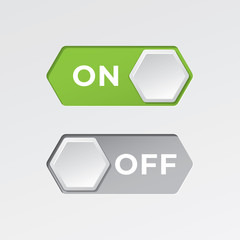 On and Off Hexagonal Toggle Switch Buttons with Lettering Modern Devices User Interface Mockup or Template - Green and Grey on White Background - Gradient Graphic  Design