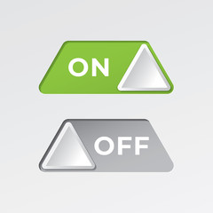 On and Off Triangle Toggle Switch Buttons with Lettering Modern Devices User Interface Mockup or Template - Green and Grey on White Background - Gradient Graphic  Design